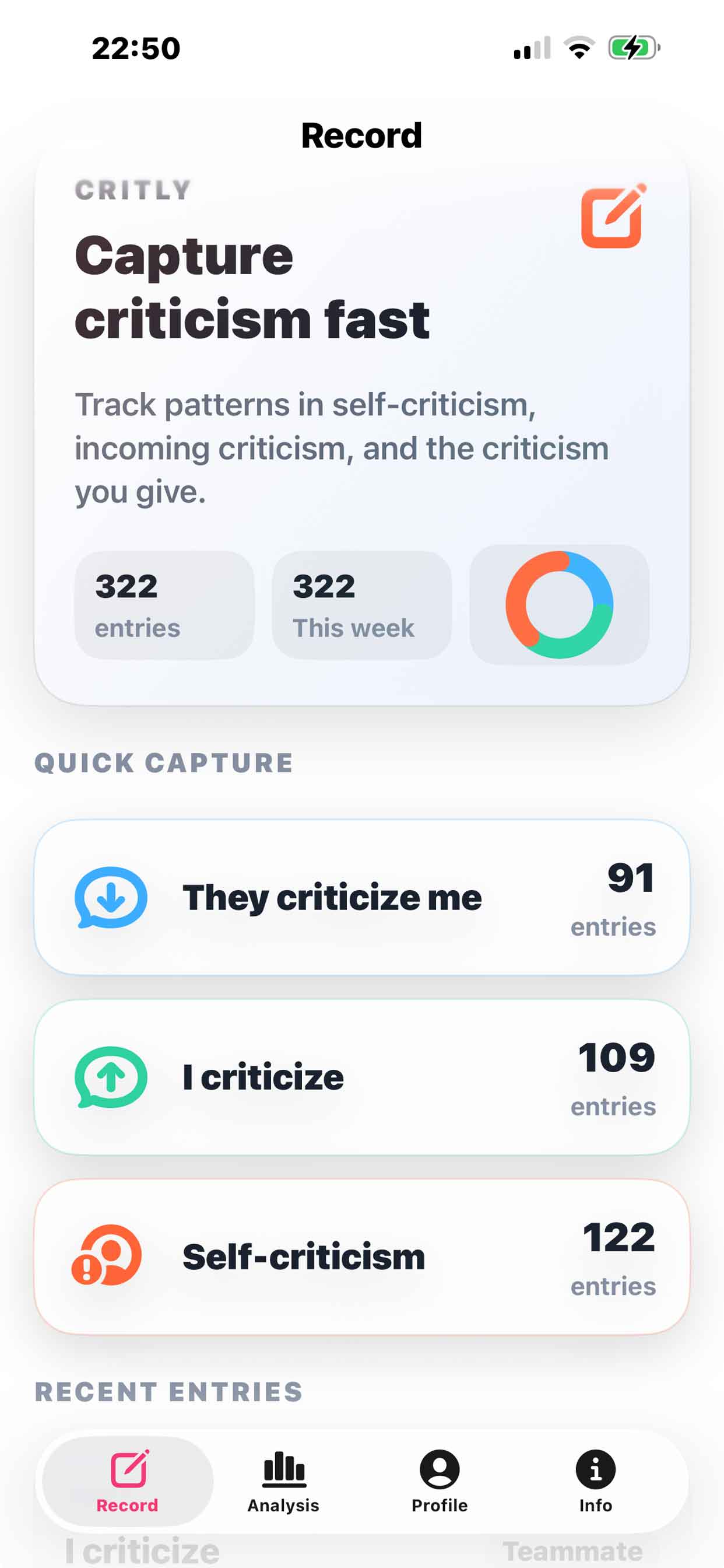 Critly app profile screen